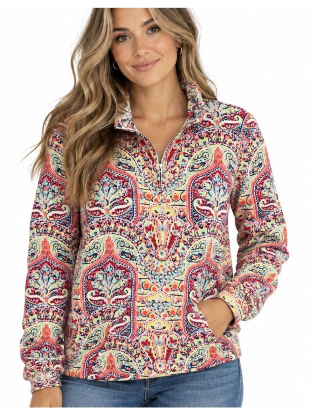T By Talbots Quarter Zip Pullover Fleece Womenโs XL Paisley Multicolor Pockets